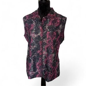 Vintage Purple Rose Floral Sleeveless Button Down Top